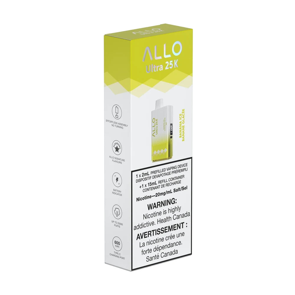 The ALLO Ultra 25K Banana Ice disposable vape packaging features a white and yellow box with a product illustration, 20mg/mL nicotine salt warning labels, and icons for its 600mAh battery and Type-C charging port.