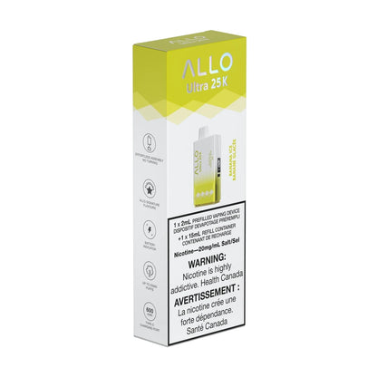 The ALLO Ultra 25K Banana Ice disposable vape packaging features a white and yellow box with a product illustration, 20mg/mL nicotine salt warning labels, and icons for its 600mAh battery and Type-C charging port.