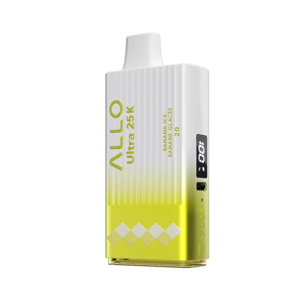 An ALLO Ultra 25K Banana Ice disposable vape featuring a white and yellow gradient body with a digital display screen and text reading ALLO Ultra 25K Banana Ice Banane Glacée 20.