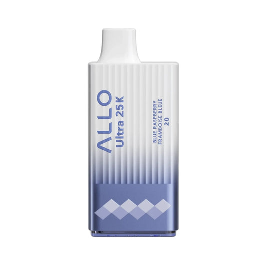 An ALLO Ultra 25K Blue Raspberry disposable vape featuring a white and blue gradient textured body with a white mouthpiece and printed text reading ALLO Ultra 25K, Blue Raspberry, Framboise Bleue, and 20.