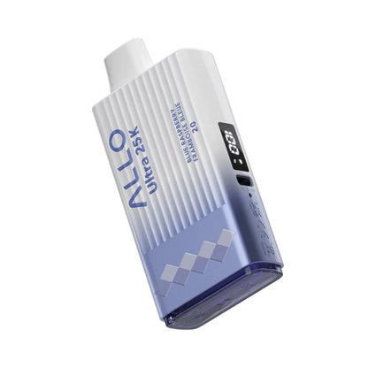 An ALLO Ultra 25K Blue Raspberry disposable vape featuring a white and blue gradient textured body with a digital display screen and integrated USB-C charging port.