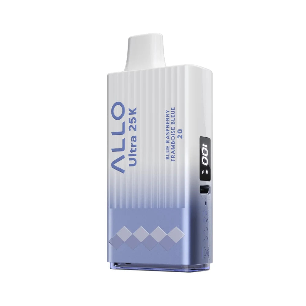 Allo Ultra 25K Blue Raspberry disposable vape featuring a white and light blue gradient ribbed body with a digital display screen and text reading Allo Ultra 25K Blue Raspberry Framboise Bleue 20.