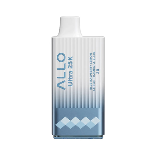 An ALLO Ultra 25K disposable vape device in a blue and white gradient finish, featuring a ribbed texture, a white mouthpiece, and Blue Raspberry Lemon branding on the front.