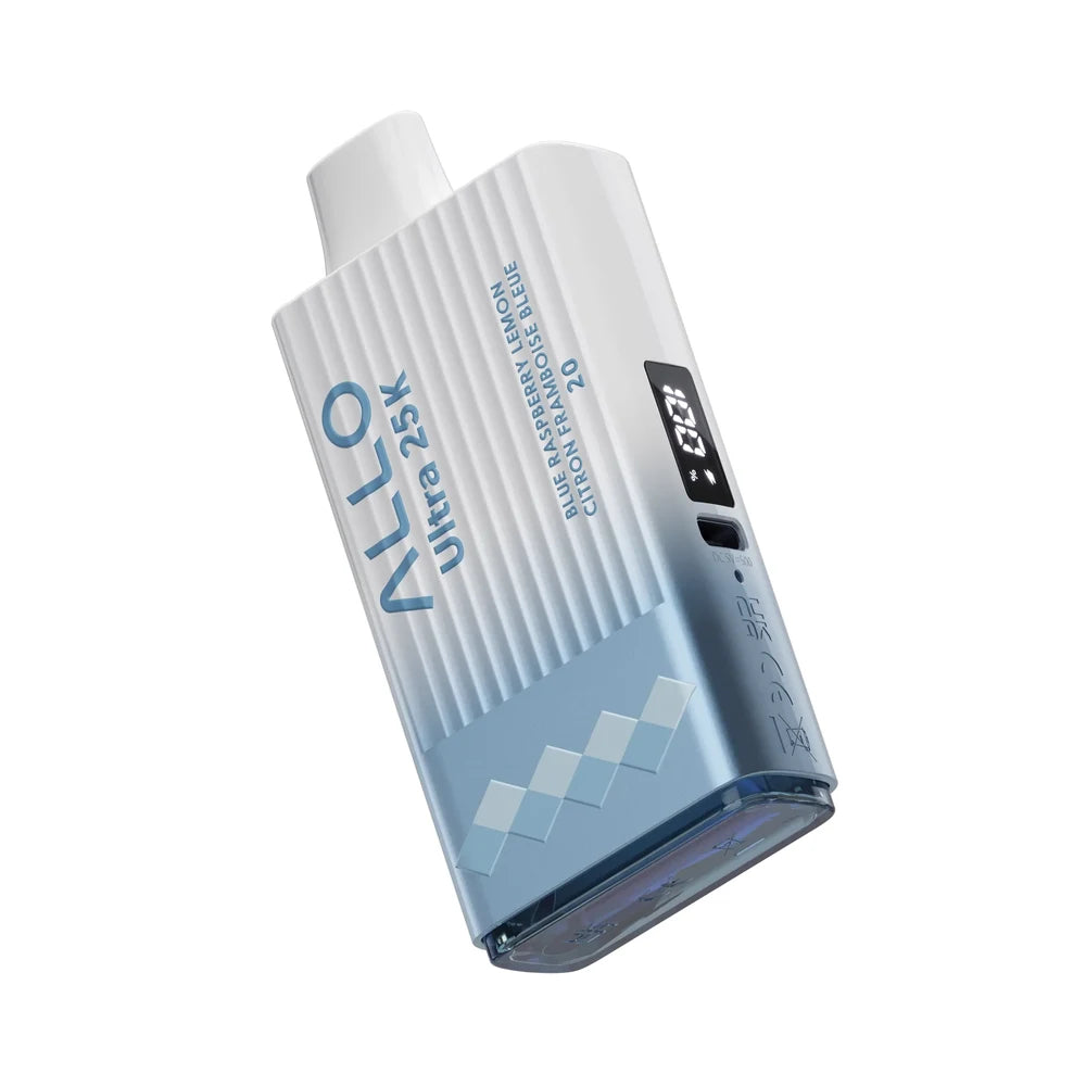 An ALLO Ultra 25K Blue Raspberry Lemon disposable vape featuring a white and light blue textured body with a digital display screen and a USB-C charging port.