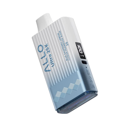 An ALLO Ultra 25K Blue Raspberry Lemon disposable vape featuring a white and light blue textured body with a digital display screen and a USB-C charging port.