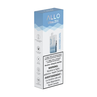 Packaging for the ALLO Ultra 25K Blue Raspberry Lemon disposable vape featuring a light blue and white design with product specifications and a health warning.