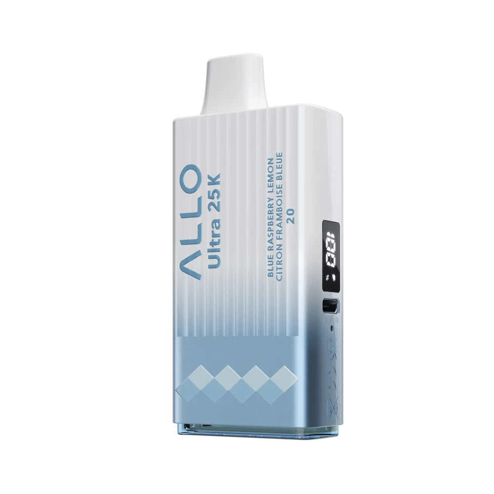 Allo Ultra 25K Blue Raspberry Lemon disposable vape featuring a white and light blue gradient body with a digital display screen and text reading Blue Raspberry Lemon Citron Framboise Bleue 20.