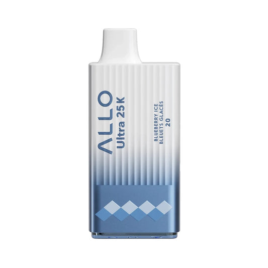 An ALLO Ultra 25K Blueberry Ice disposable vape featuring a white and blue gradient textured body with a white mouthpiece and printed text reading ALLO Ultra 25K, Blueberry Ice, Bleuets Glacés, and 20.
