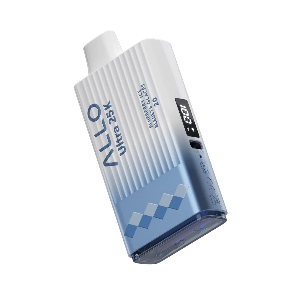 An Allo Ultra 25K Blueberry Ice disposable vape featuring a white and blue textured body with a digital display screen, charging port, and text reading Blueberry Ice Bleuets Glacés 20.