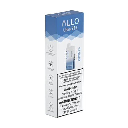 The ALLO Ultra 25K Blueberry Ice disposable vape packaging features a blue and white box displaying the device, flavor name, and technical specifications including a 20mg/mL nicotine warning.