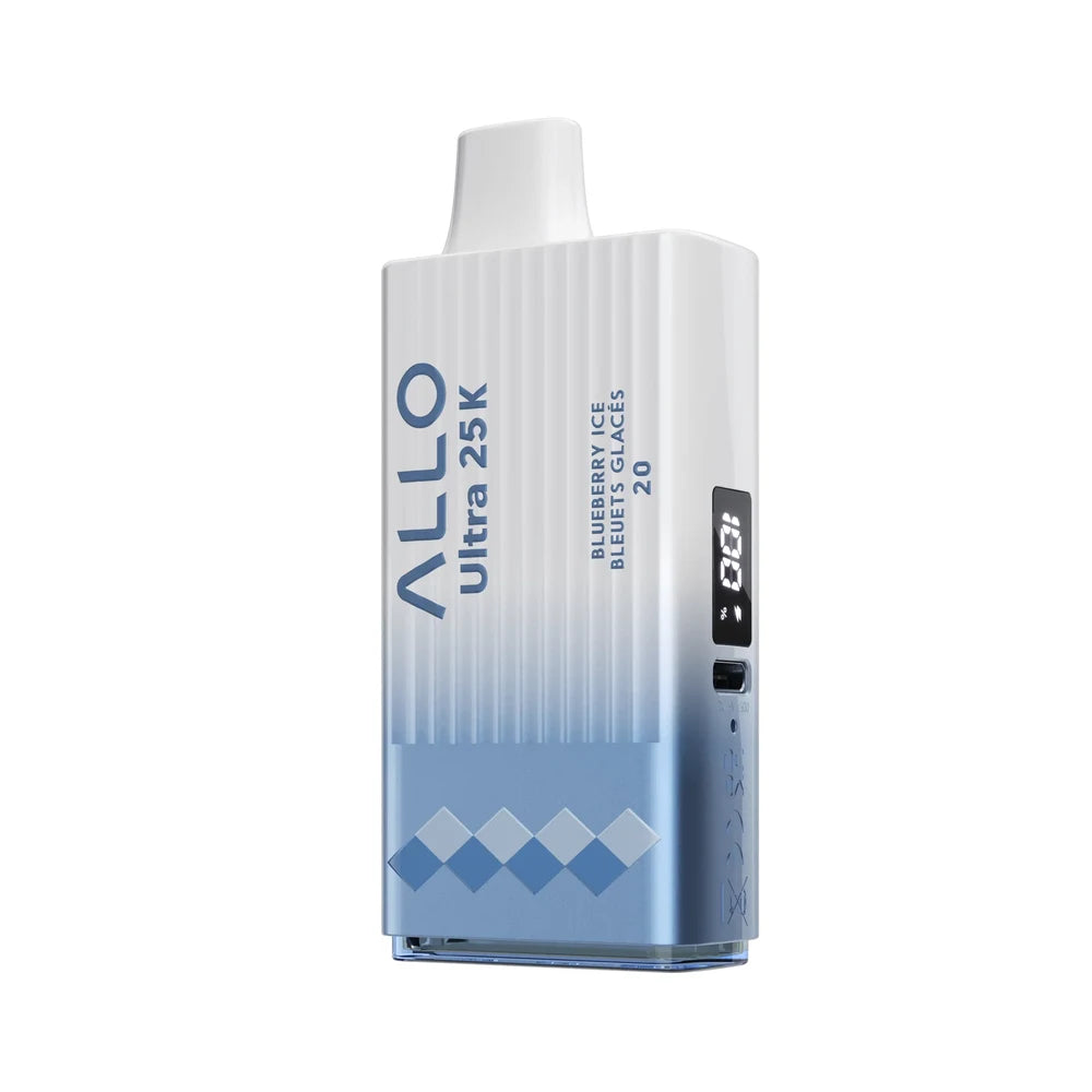 An Allo Ultra 25K Blueberry Ice disposable vape featuring a white and light blue gradient body with a digital display screen and text reading Blueberry Ice Bleuets Glacés 20.