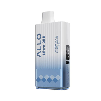 An Allo Ultra 25K Blueberry Ice disposable vape featuring a white and light blue gradient body with a digital display screen and text reading Blueberry Ice Bleuets Glacés 20.