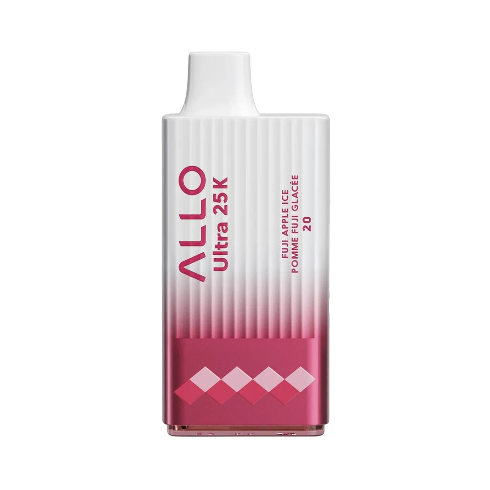 The ALLO Ultra 25K Fuji Apple Ice disposable vape features a white and pink gradient textured body with a white mouthpiece, labeled with Fuji Apple Ice Pomme Fuji Glacée 20.