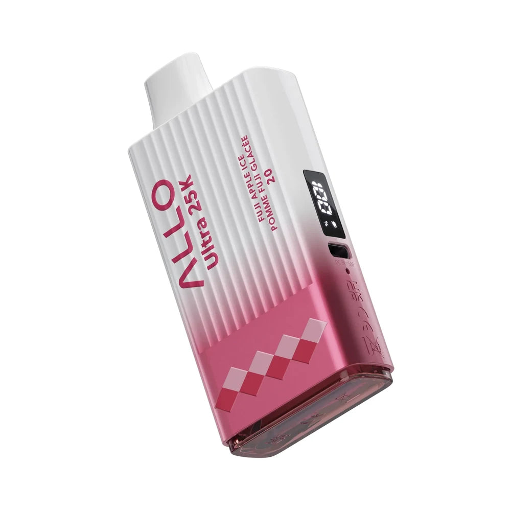 An ALLO Ultra 25K Fuji Apple Ice disposable vape featuring a white and pink gradient ribbed body with a digital display screen and a USB-C charging port.
