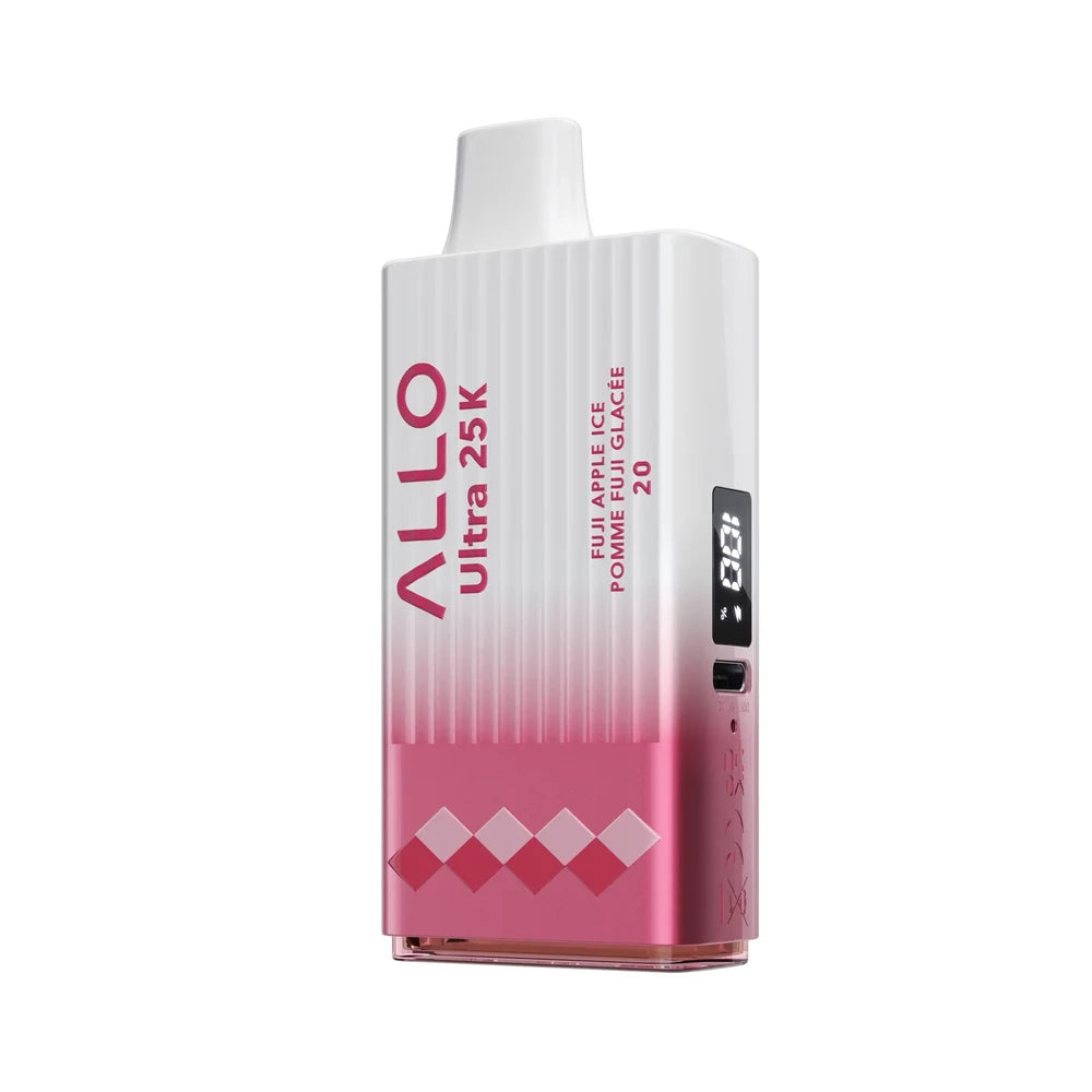 The Allo Ultra 25K Fuji Apple Ice disposable vape features a white and pink gradient ribbed body with a digital display screen, a USB-C charging port, and text reading Fuji Apple Ice Pomme Fuji Glacée 20.
