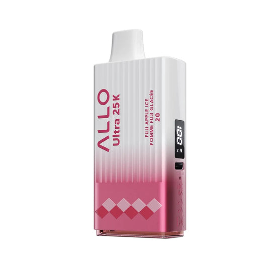 The Allo Ultra 25K Fuji Apple Ice disposable vape features a white and pink gradient ribbed body with a digital display screen, a USB-C charging port, and text reading Fuji Apple Ice Pomme Fuji Glacée 20.