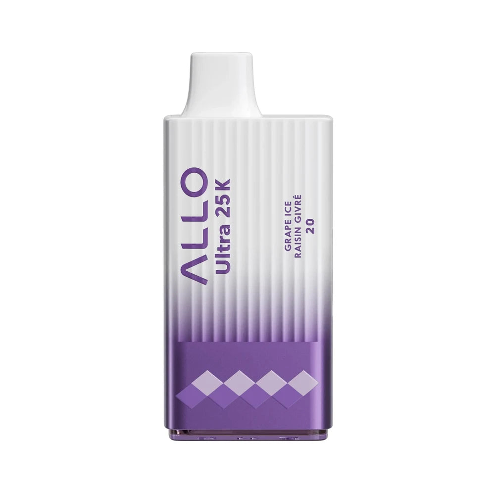 An Allo Ultra 25K Grape Ice disposable vape featuring a white and purple gradient textured body with a white mouthpiece and Grape Ice Raisin Givré 20 printed on the side.