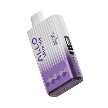 Allo Ultra 25K Grape Ice disposable vape featuring a white and purple textured body with a digital display screen, charging port, and branding text.