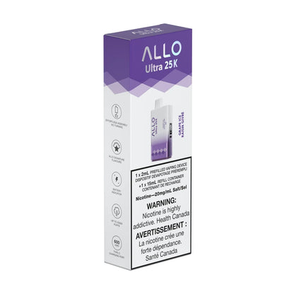 A purple and white box for the ALLO Ultra 25K Grape Ice disposable vape featuring product specifications and a health warning label.