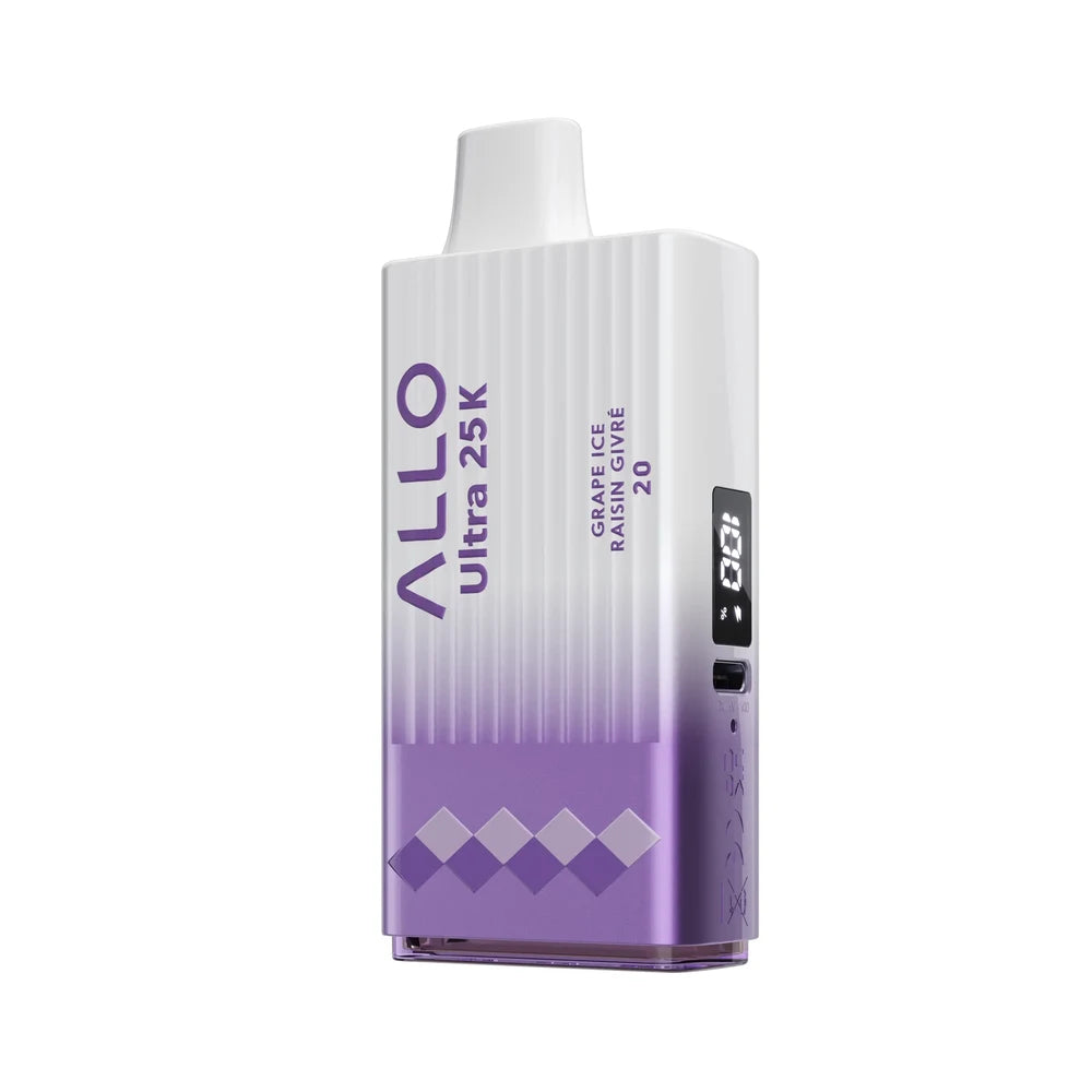 Allo Ultra 25K Grape Ice disposable vape featuring a white and purple gradient body with a digital display screen, charging port, and text reading ALLO Ultra 25K Grape Ice Raisin Givré 20.