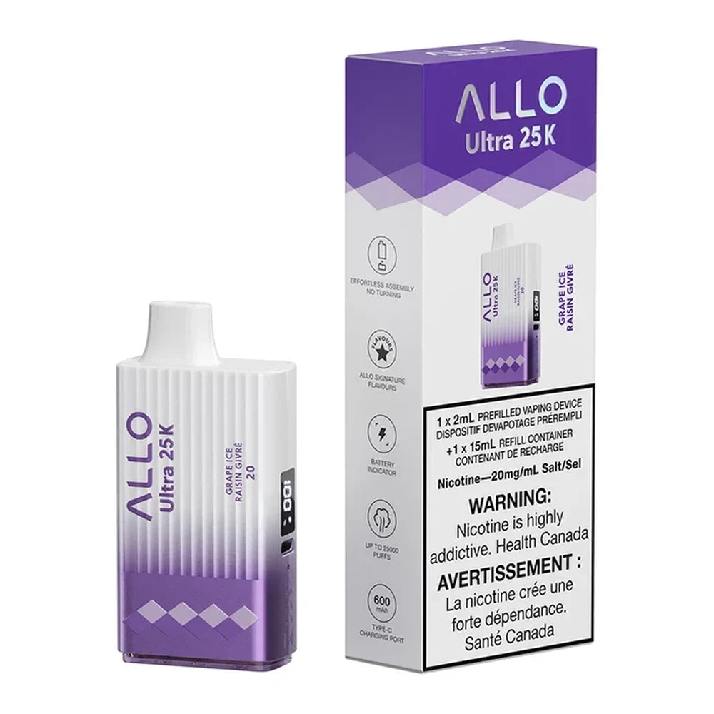 with visible text:* The ALLO Ultra 25K Grape Ice disposable vape device, featuring