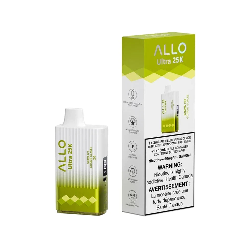 An ALLO Ultra 25K Guava Ice disposable vape device with a white and lime green gradient textured