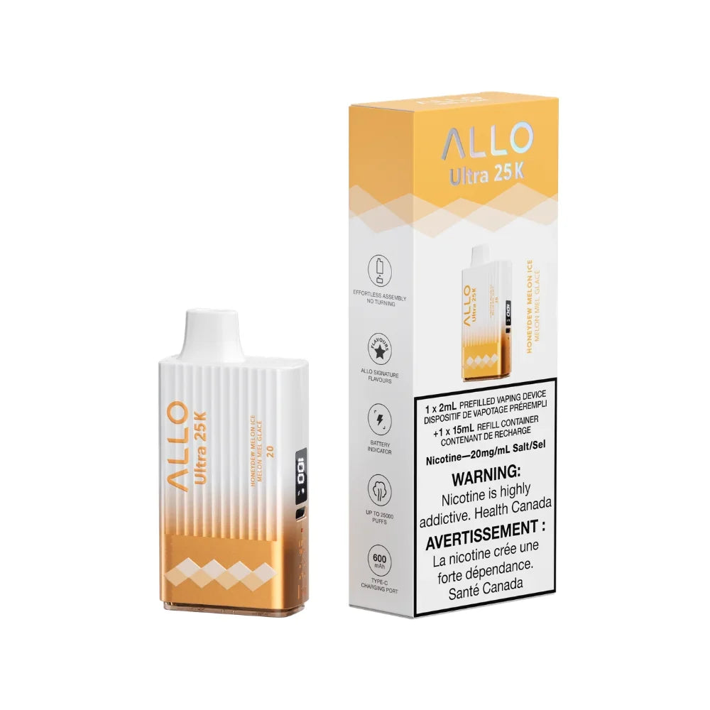 K Honeydew Melon Ice disposable vape device with a white and gold gradient textured body and digital