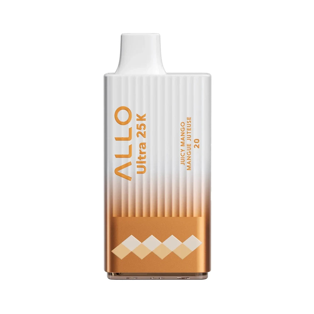 An Allo Ultra 25K Juicy Mango disposable vape featuring a white and metallic orange gradient body with vertical ridges and the text Allo Ultra 25K, Juicy Mango, Mangue Juteuse, and 20.