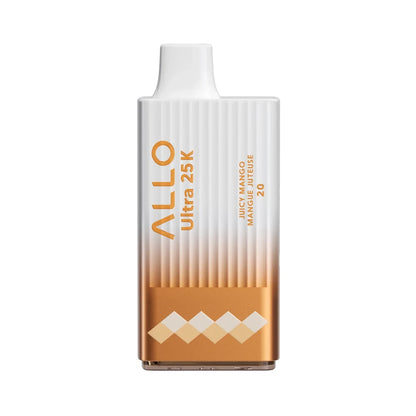 An Allo Ultra 25K Juicy Mango disposable vape featuring a white and metallic orange gradient body with vertical ridges and the text Allo Ultra 25K, Juicy Mango, Mangue Juteuse, and 20.