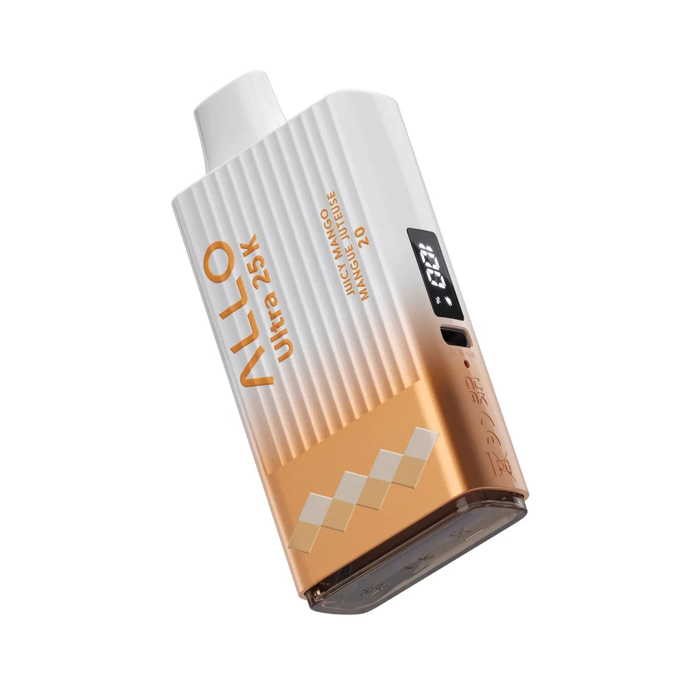 An ALLO Ultra 25K Juicy Mango disposable vape featuring a white and metallic orange textured body with a digital display screen and a USB-C charging port.