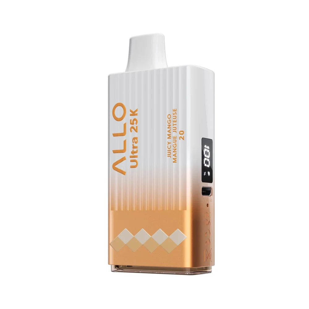 Allo Ultra 25K Juicy Mango disposable vape featuring a white and orange gradient ribbed body with a digital display screen and text reading ALLO Ultra 25K and Juicy Mango Mangue Juteuse 20.