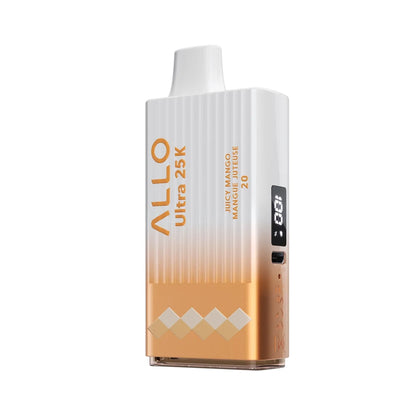 Allo Ultra 25K Juicy Mango disposable vape featuring a white and orange gradient ribbed body with a digital display screen and text reading ALLO Ultra 25K and Juicy Mango Mangue Juteuse 20.