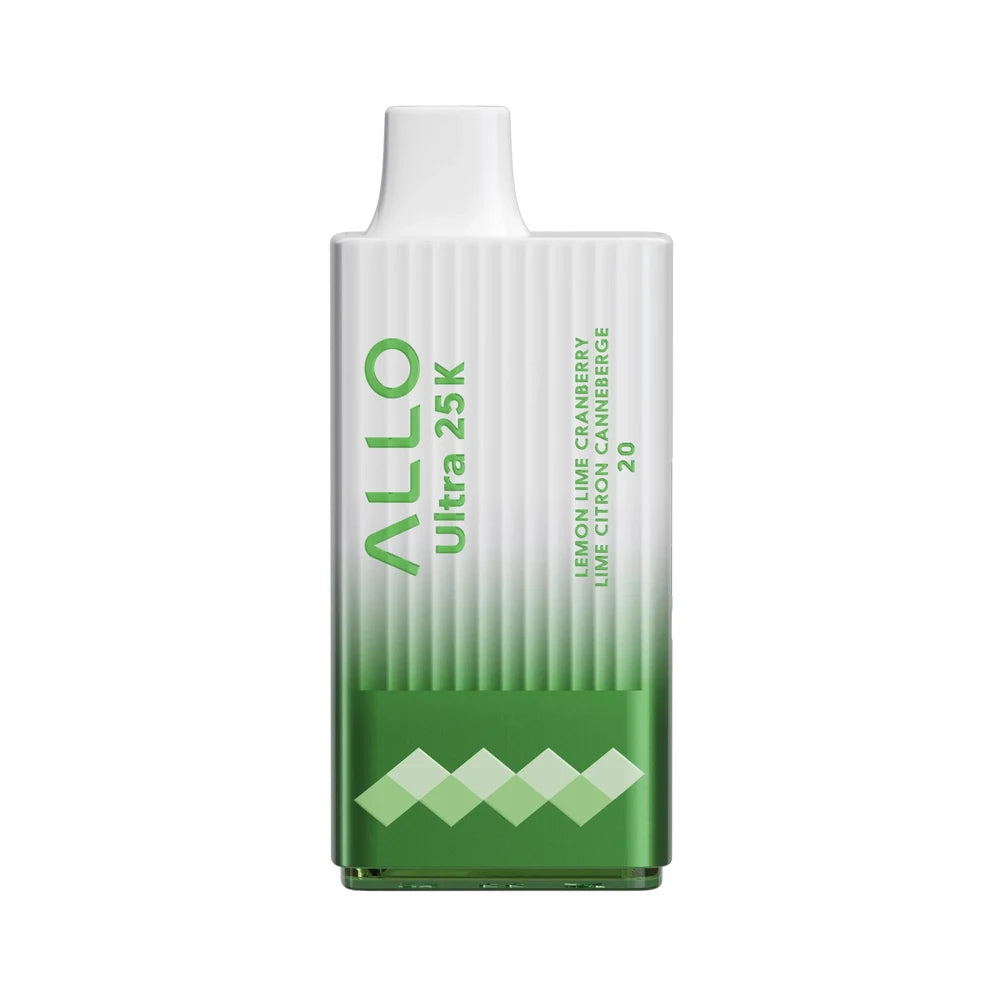 An ALLO Ultra 25K Lemon Lime Cranberry disposable vape featuring a white and green gradient ribbed body with a white mouthpiece and green diamond patterns.