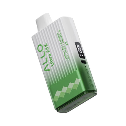 An Allo Ultra 25K Lemon Lime Cranberry disposable vape featuring a white and green textured body with a digital display screen and a USB-C charging port.
