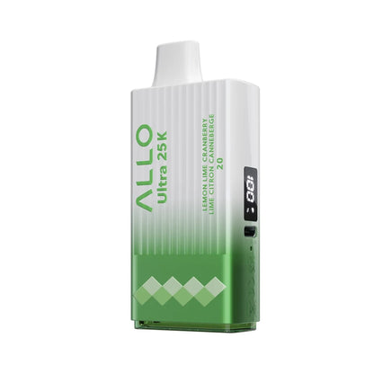 An ALLO Ultra 25K Lemon Lime Cranberry disposable vape featuring a white and green gradient body with a digital display screen and a USB-C charging port.