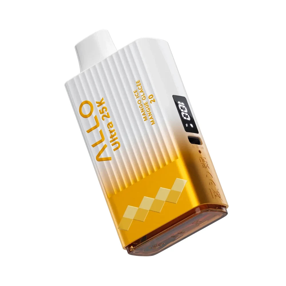 An angled view of an Allo Ultra 25K Mango Ice disposable vape featuring a white ribbed upper body, a metallic gold base, and a digital display screen showing battery and liquid levels.
