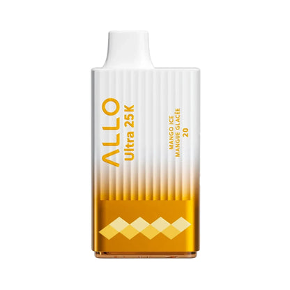 An ALLO Ultra 25K Mango Ice disposable vape featuring a white and gold gradient textured body with a white mouthpiece and Mango Ice Mangue Glacée 20 text.
