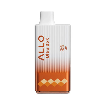 An Allo Ultra 25K Peach disposable vape featuring a white and orange gradient ribbed body with a white mouthpiece, labeled with Peach Pêche 20 and a diamond pattern.