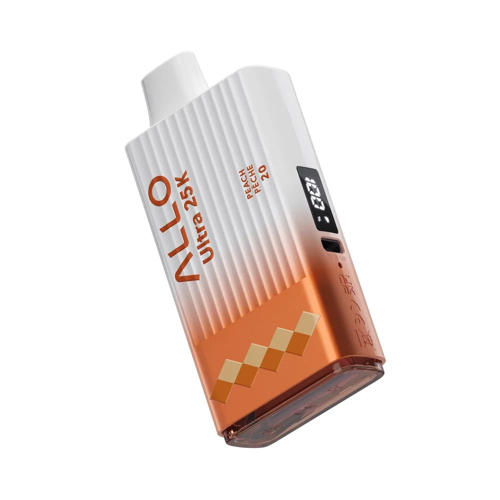 An angled studio shot of an Allo Ultra 25K Peach disposable vape featuring a white textured upper body and a metallic orange base with a digital display screen showing battery and liquid levels.