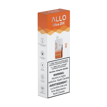 The ALLO Ultra 25K Peach disposable vape packaging is shown in an orange and white box featuring the product image, nicotine warnings, and technical specifications for the 20mg/mL salt nicotine device.