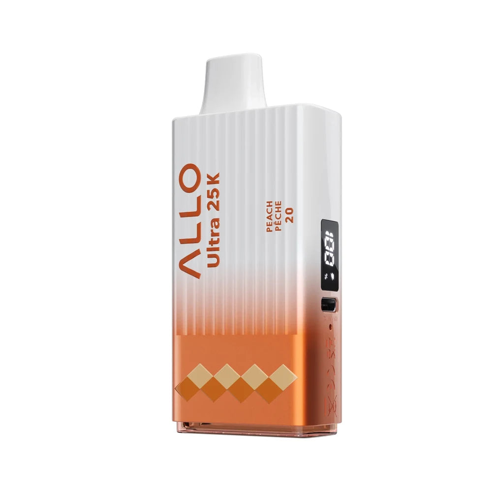 A white and orange Allo Ultra 25K Peach disposable vape featuring a ribbed texture, a digital display screen, and text that reads Peach Pêche 20.