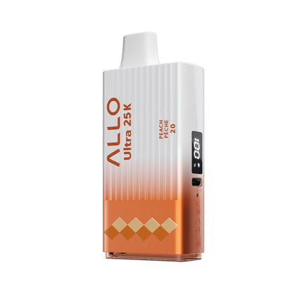 A white and orange Allo Ultra 25K Peach disposable vape featuring a ribbed texture, a digital display screen, and text that reads Peach Pêche 20.