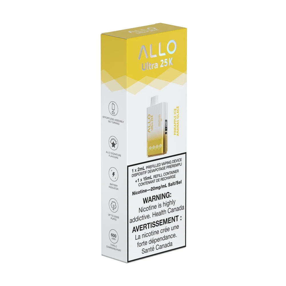 A white and yellow box for the ALLO Ultra 25K Pineapple Ice disposable vape featuring product specifications and a health warning label.