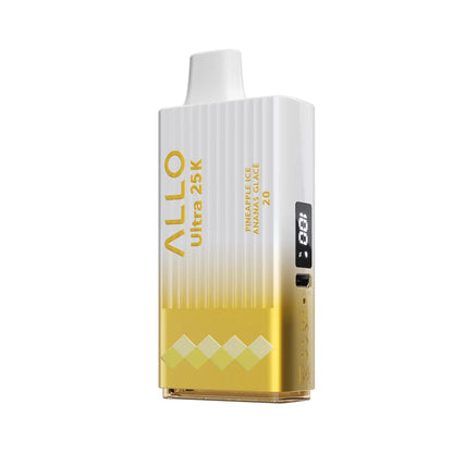 An Allo Ultra 25K Pineapple Ice disposable vape featuring a white and gold gradient ribbed body with a digital display screen and a side charging port.
