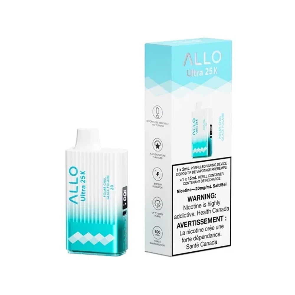 An ALLO Ultra 25K Polar Chill disposable vape device with a white and cyan