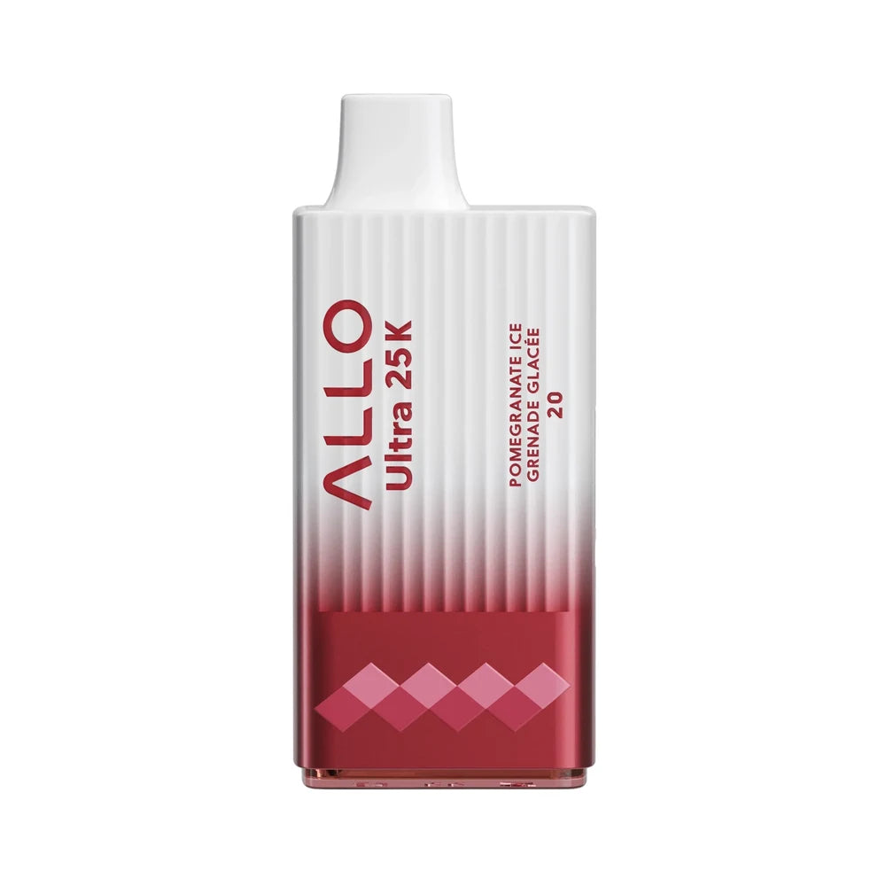 An ALLO Ultra 25K Pomegranate Ice disposable vape featuring a white and red gradient ribbed body with the text ALLO Ultra 25K and Pomegranate Ice Grenade Glacée 20.