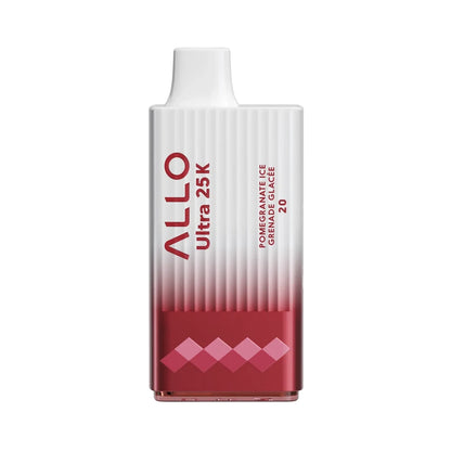 An ALLO Ultra 25K Pomegranate Ice disposable vape featuring a white and red gradient ribbed body with the text ALLO Ultra 25K and Pomegranate Ice Grenade Glacée 20.