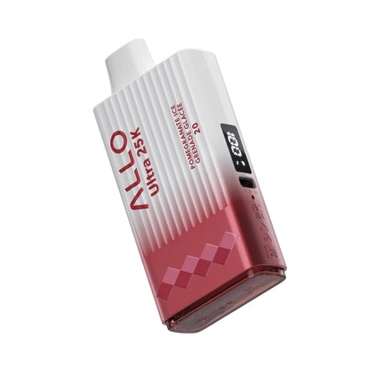 An ALLO Ultra 25K Pomegranate Ice disposable vape featuring a white and red textured body with a digital display screen and Pomegranate Ice Grenade Glacée 20 text.