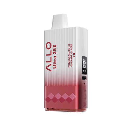 Allo Ultra 25K Pomegranate Ice disposable vape featuring a white and red gradient textured body with a digital display screen and integrated charging port.