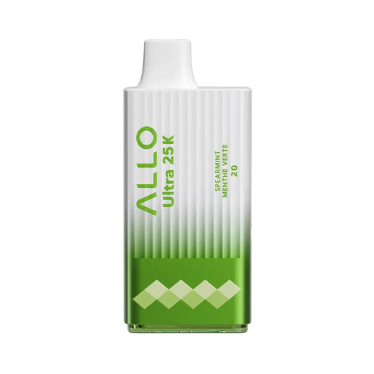 An ALLO Ultra 25K Spearmint disposable vape featuring a white and green gradient body with vertical ridges, labeled with Spearmint Menthe Verte 20.